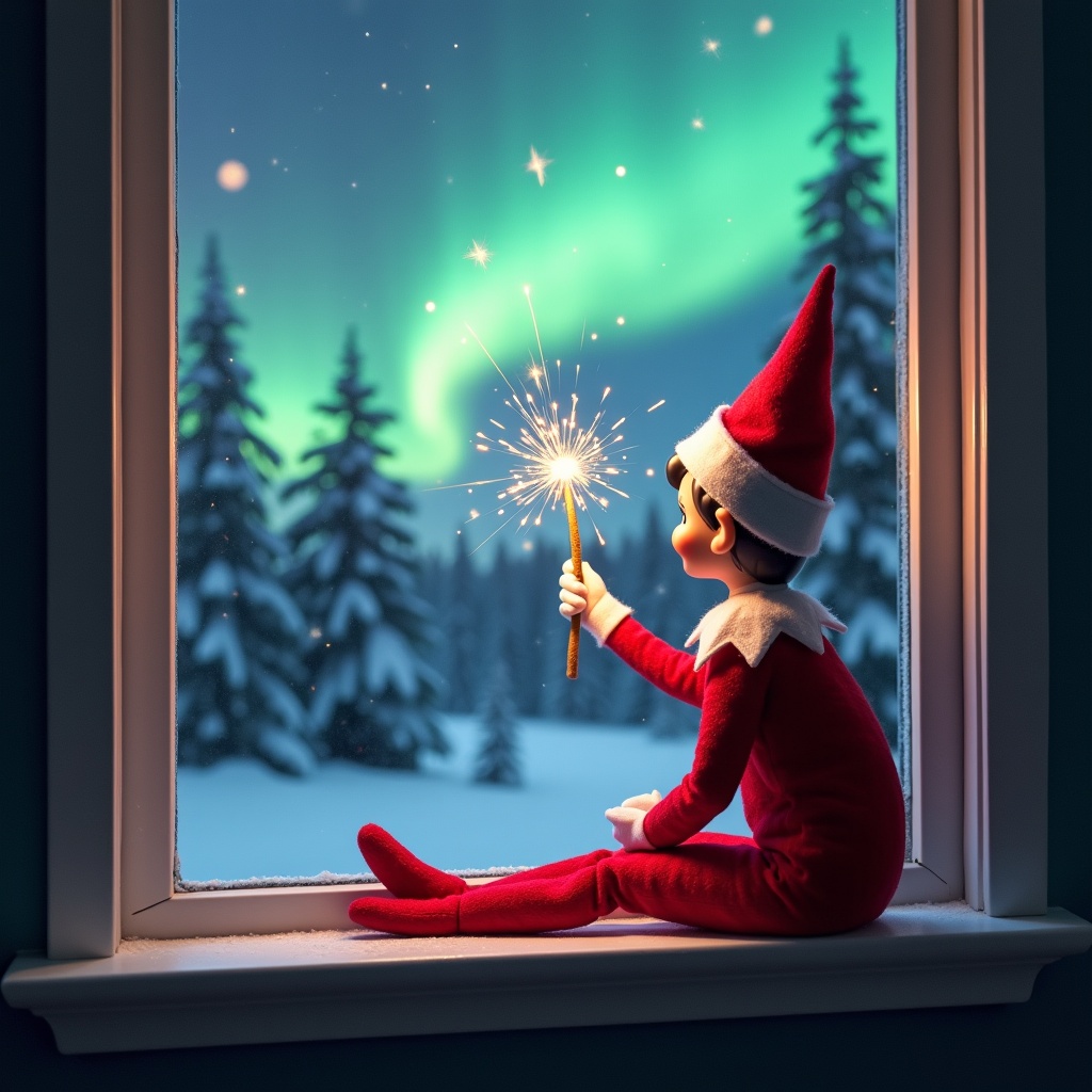 The image showcases a delightful elf on the shelf positioned on a window ledge, creating a magical atmosphere. The elf, turned away from the viewer, sparkles with a wand while observing the vibrant northern lights. The backdrop reveals a snowy landscape adorned with tall pine trees. Dressed in a cheerful red outfit with white accents, the elf radiates holiday cheer. The scene is masterfully illuminated by the colors of the aurora borealis, adding to its enchanting feel. This winter wonderland captures the essence of festive joy and magic.