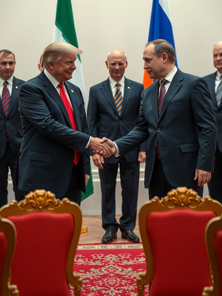 Two suited individuals shake hands in a formal setting with flags in the background.