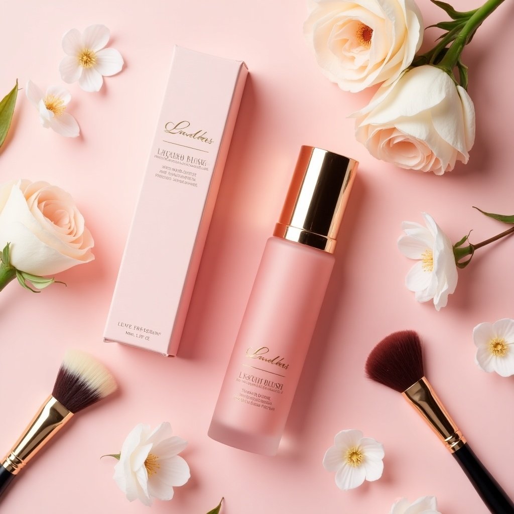 The image showcases a beautifully arranged liquid blush product, designed for makeup enthusiasts. The blush bottle is elegantly positioned at the center, surrounded by soft pink roses and delicate white flowers. Also present are makeup brushes, suggesting a beauty routine. The packaging is chic and minimalist, emphasizing the luxury of the product. The background is a soft pastel pink that complements the overall aesthetic. This setup is perfect for branding and marketing purposes in the cosmetics industry.