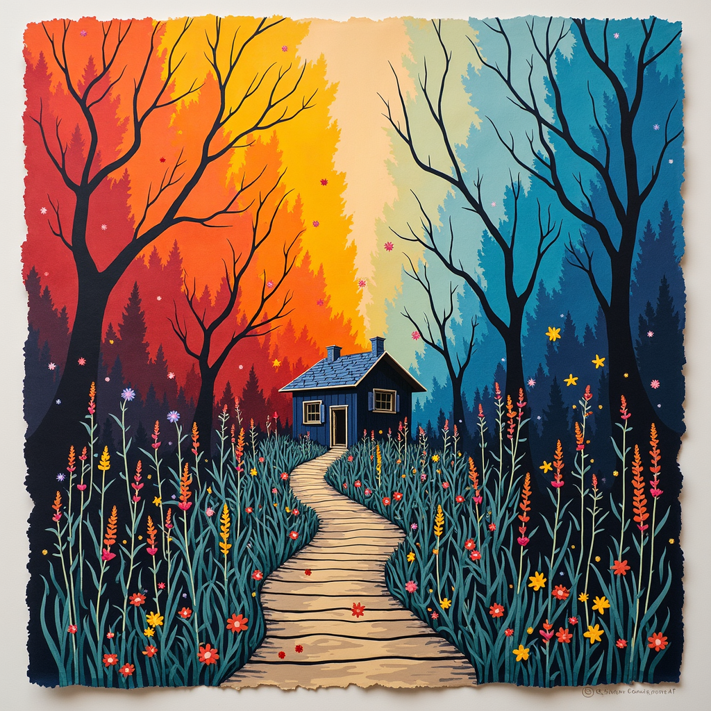 A small blue house is at the end of a winding path, surrounded by colorful flowers and trees with a vibrant, split-color sky.