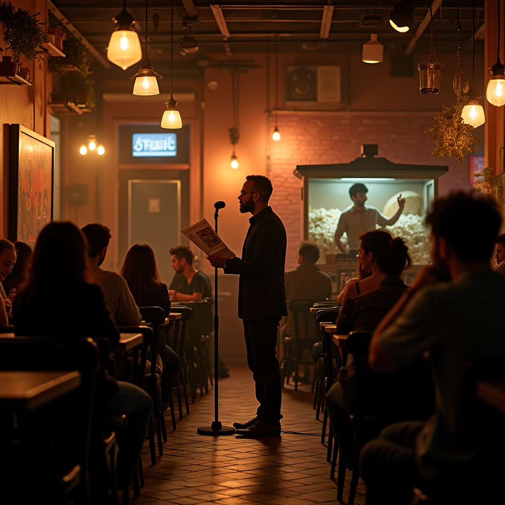 A person reads from a book on stage in a cozy, dimly lit cafe filled with attentive listeners.