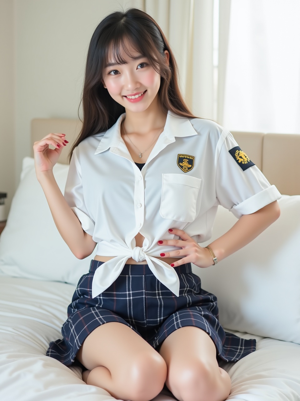 A young woman sitting on a bed, wearing a school uniform with a tied white shirt and plaid skirt, smiling at the camera.