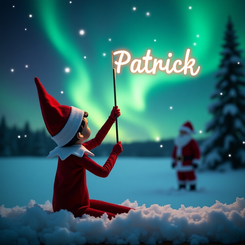 An enchanting Christmas scene features an elf on the shelf sitting with its back to viewers. The elf gazes upwards. It uses a wand to write the name 'Patrick' in the night sky. Beautiful northern lights adorn the background with Santa Claus appearing distantly. Snow blankets the ground to create a serene winter wonderland. This moment captures holiday joy and wonder.