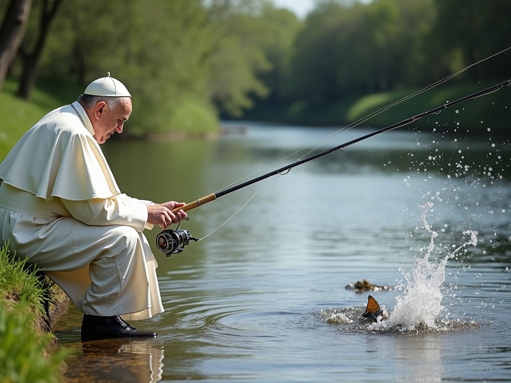 The image depicts a serene scene where a clergyman in traditional white robes, likely indicative of a religious figure, is seated by a calm river, engaged in fishing. The splash of water highlights the moment as the fish is caught, bringing a dynamic element to the otherwise peaceful setting. The surrounding lush greenery and tranquil water add to the sense of harmony and reflection.