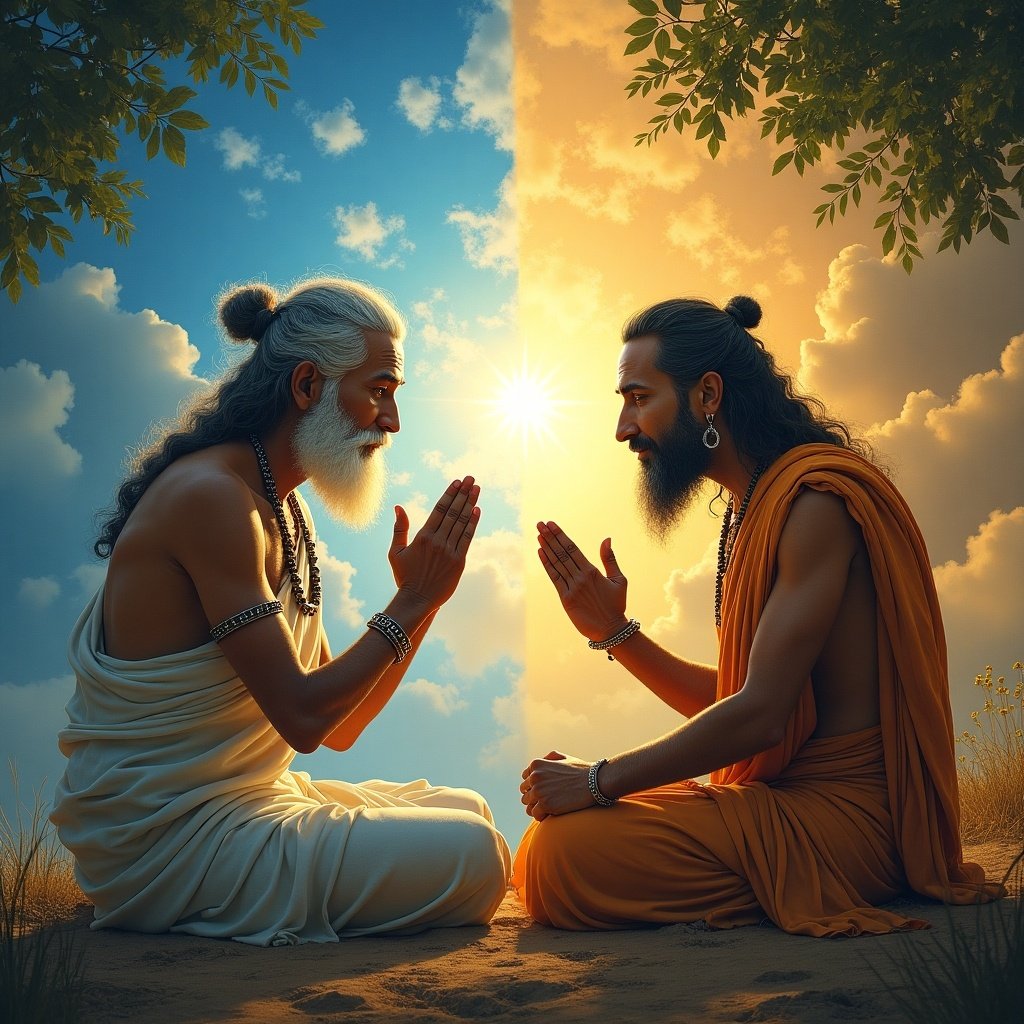 Image depicts Dyaus as the sky, Prithvi as the earth. Two figures sit in reverence. The sky is bright, the earth is warm. Symbolizes respect and connection.