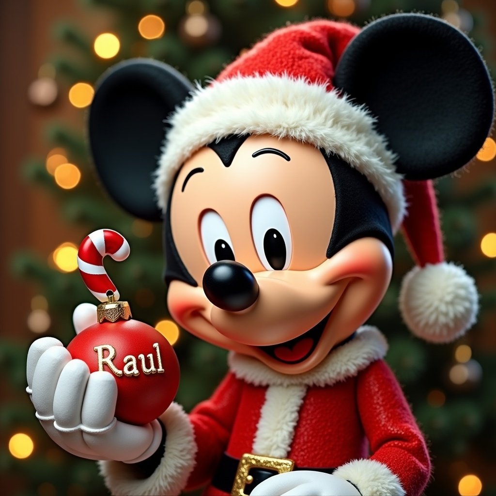 Mickey Mouse dressed as Santa holds a red Christmas ornament with the name Raul. A Christmas tree with lights is in the background. Cheerful and festive atmosphere.