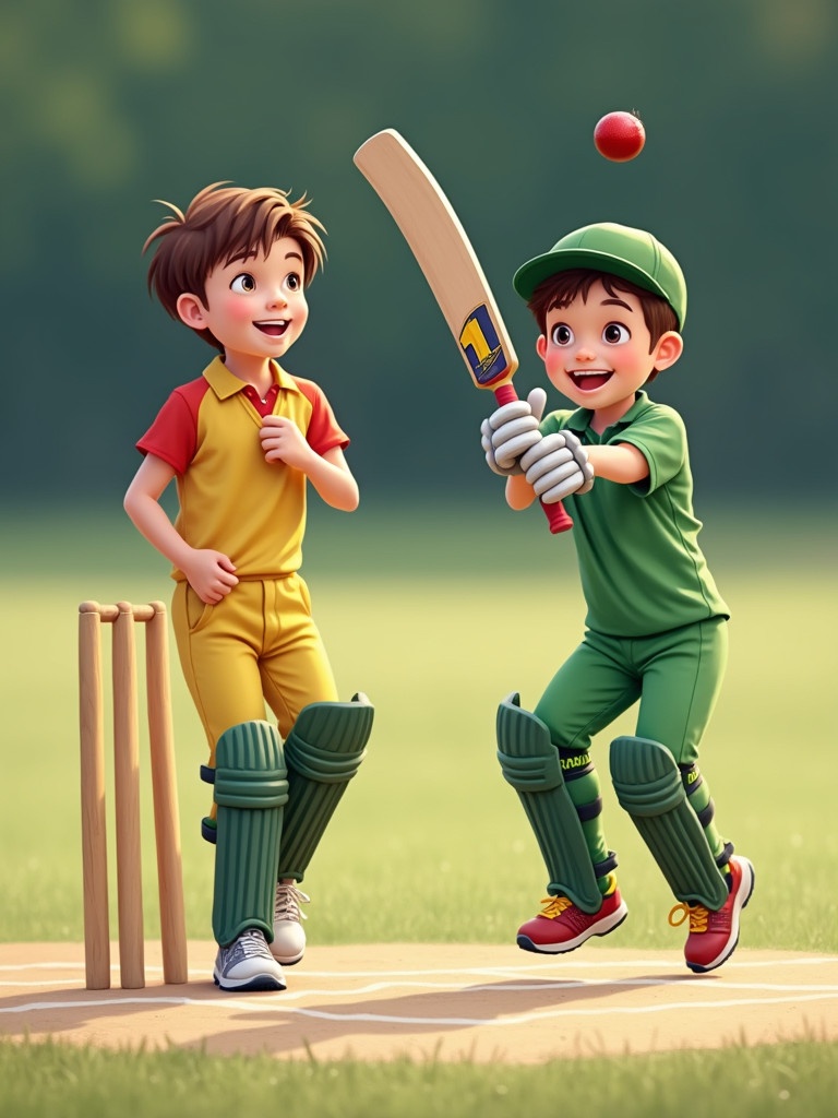 Kids playing cricket on a field. One child is batting confidently. Another child is bowling energetically. Both wear colorful sports uniforms. The background is a cricket field.