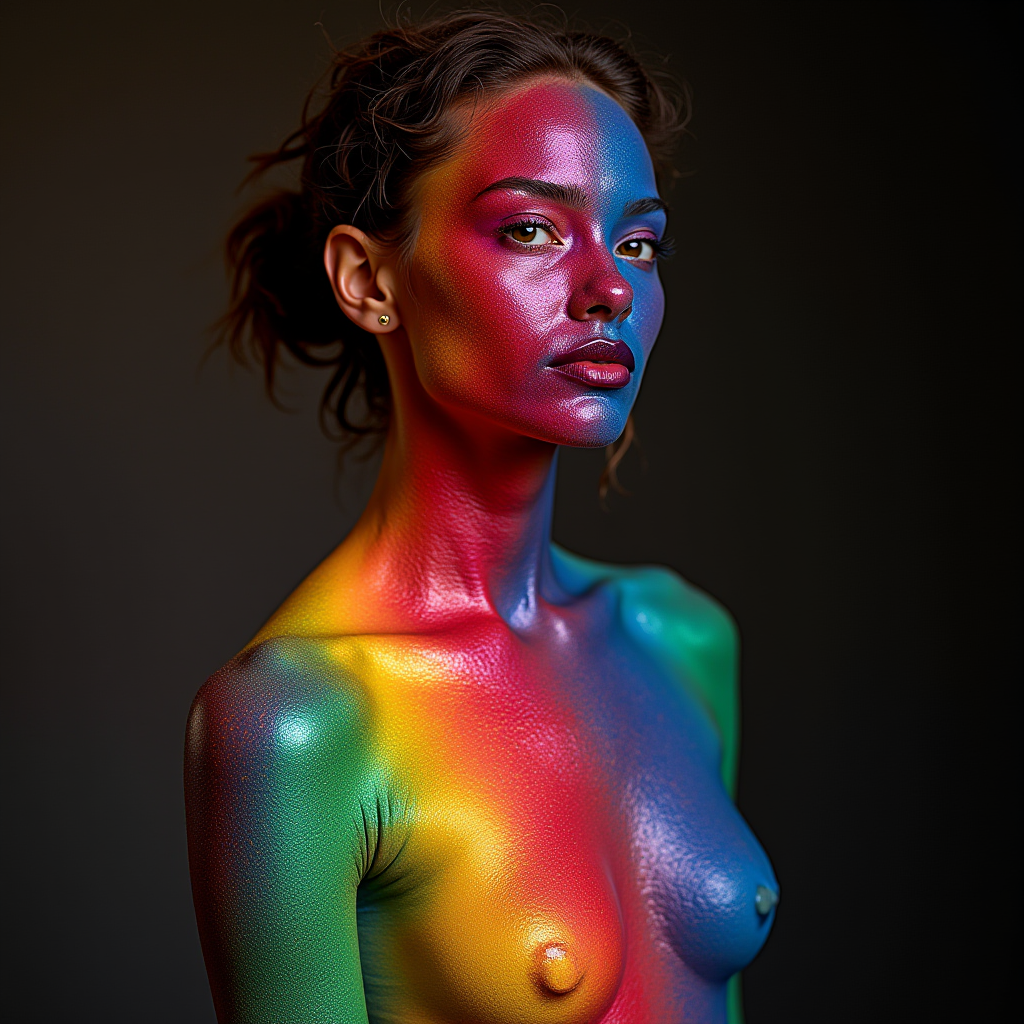 A person is covered in vivid, rainbow-colored body paint against a dark background.