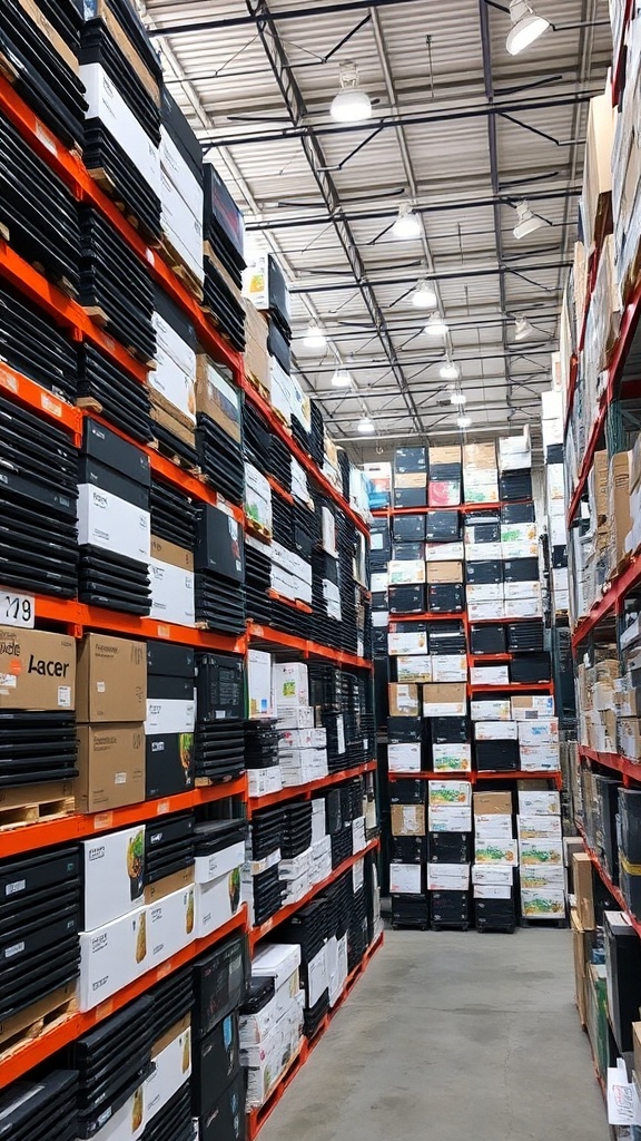 A large warehouse aisle filled with neatly stacked boxes reaching to the ceiling.