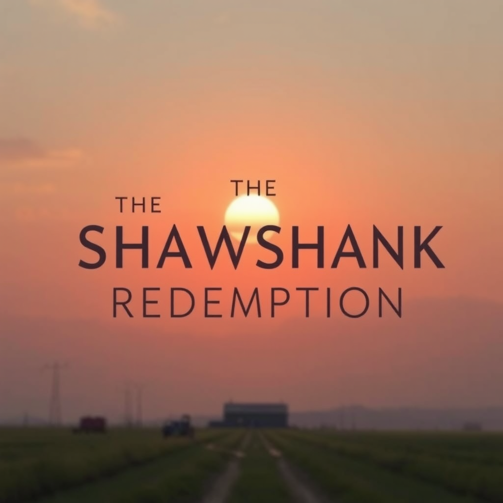 The image shows a sunset over a distant landscape with fields and a path leading to a structure, overlaid with the title 'The Shawshank Redemption.'