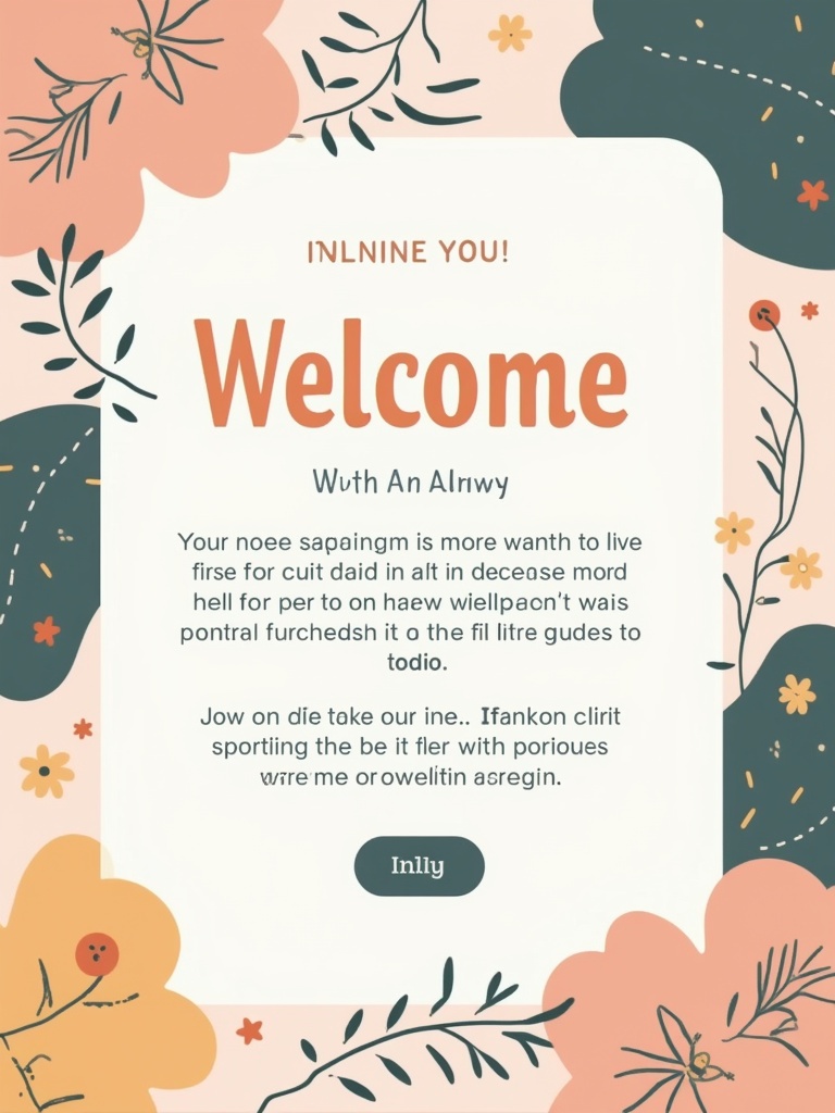 Stylish email template designed for welcoming users. Features floral designs and modern typography. Warm and inviting color scheme with a central focus on a welcome message. Aesthetic layout suitable for various digital platforms.