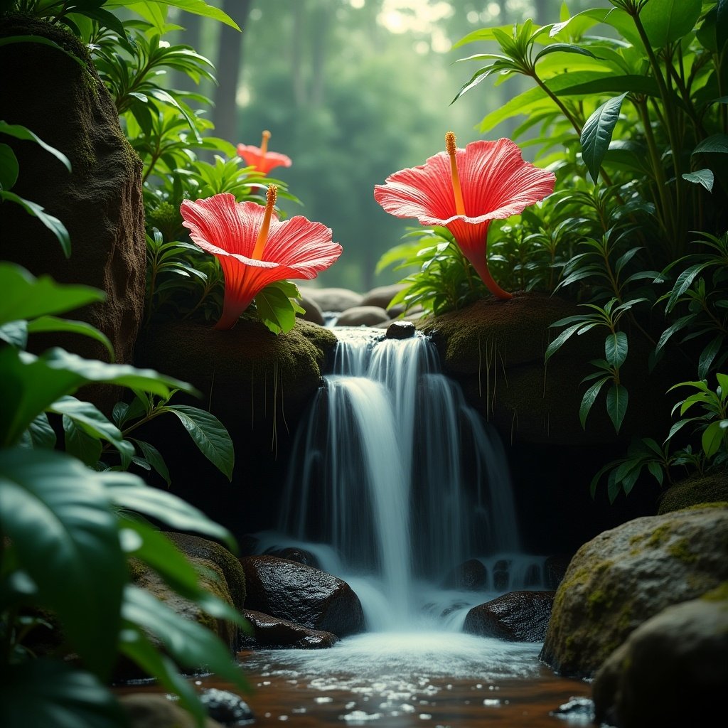 A new flower species hybrid of Impatiens capensis and Rafflesia growing near a waterfall. Bright red flowers surrounded by lush green plants. Crystal clear water flowing over rocks.