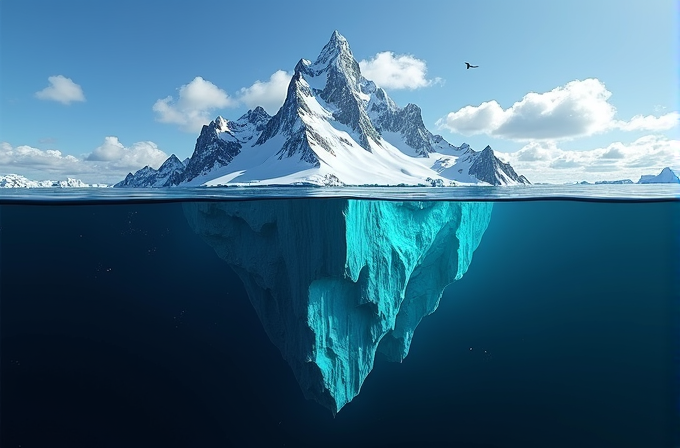 The image depicts a picturesque snow-capped mountain mirroring an iceberg beneath the calm sea.