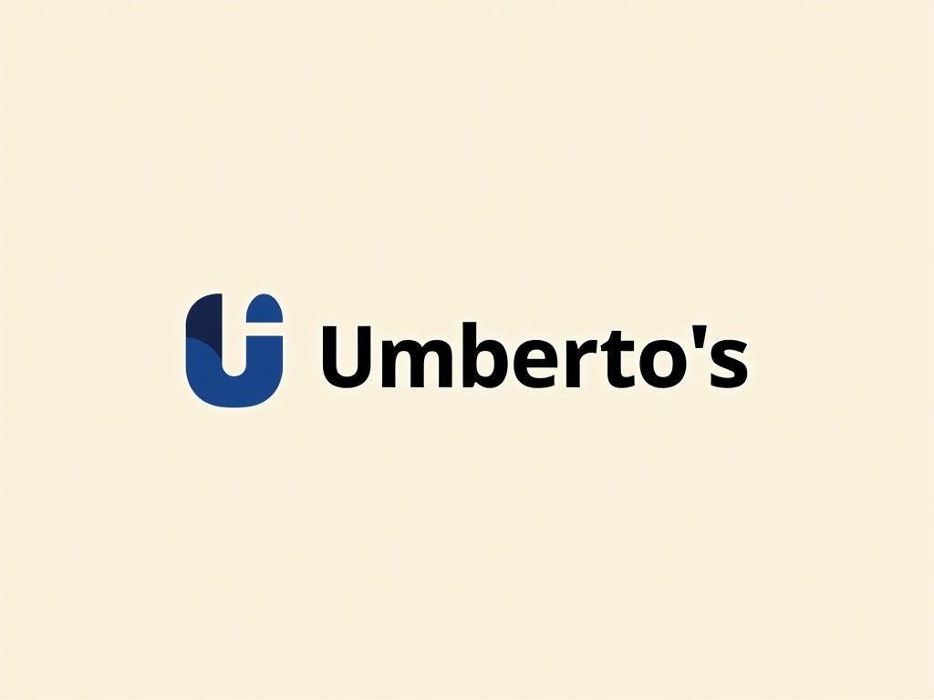 The image showcases a modern logo for 'Umberto's.' It features a stylized letter 'U' in blue with a clean, bold font for the name. The background is a soft cream color, enhancing the logo's visibility. The overall design is minimalistic, making it suitable for various branding purposes. This logo may cater to a restaurant or food-related business, emphasizing contemporary design and simplicity.