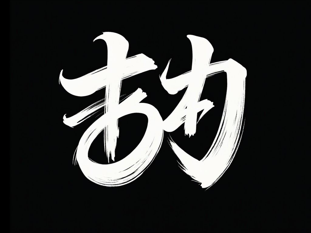 The image features a stylized Chinese character set against a plain black background. The character is painted in white with bold, sweeping strokes that create a sense of motion. It reflects traditional calligraphy styles, showcasing the elegance and depth of the language. The high contrast between the black and white adds to its visual impact. This artwork could be used in various cultural contexts to represent strength and creativity.