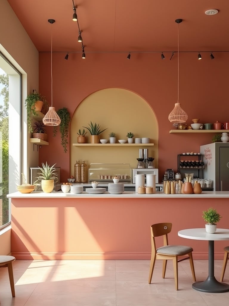 Modern interior design of a coffee shop ideal for children. Features pistachio colors. A counter displays drinks and cakes. Plants adorn the shelves. Inviting atmosphere with natural light.