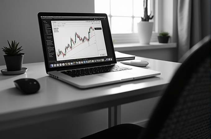 A laptop displaying a stock chart is set on a minimalist desk by a window in a black and white image.