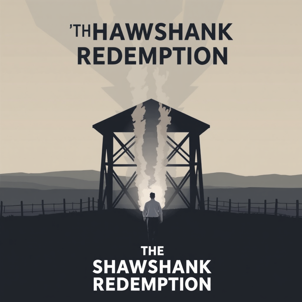 A man stands silhouetted against a structure, with bold text 'The Shawshank Redemption' above.