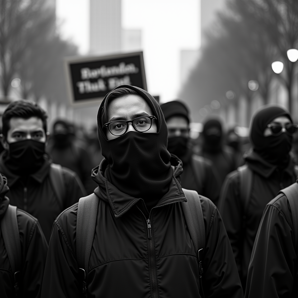 A group of masked protesters marches silently through a city street.