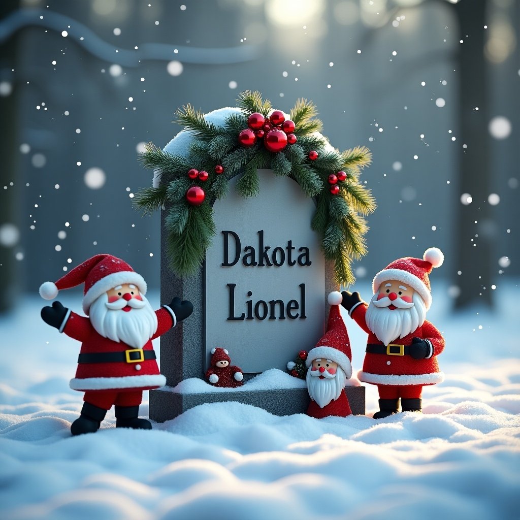 A memorial scene featuring a gravestone inscribed with the name Dakota Lionel. Two Santa figurines stand beside the stone, decorated with Christmas elements such as greenery and ornaments. The setting is snowy, creating a festive yet serene atmosphere.