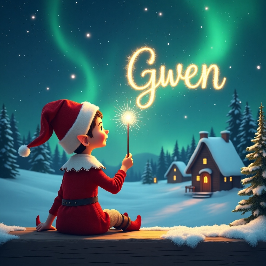 An elf sits on a wooden ledge with its back to the camera, gazing at a magical sky. The elf, dressed in a red outfit with a pointed hat, holds a sparkling wand. With the wand, the elf elegantly writes the name 'Gwen' in the starry sky. The background features a snowy landscape with charming little houses and evergreen trees under the shimmering Northern Lights. This whimsical scene captures the essence of childhood magic and Christmas cheer.