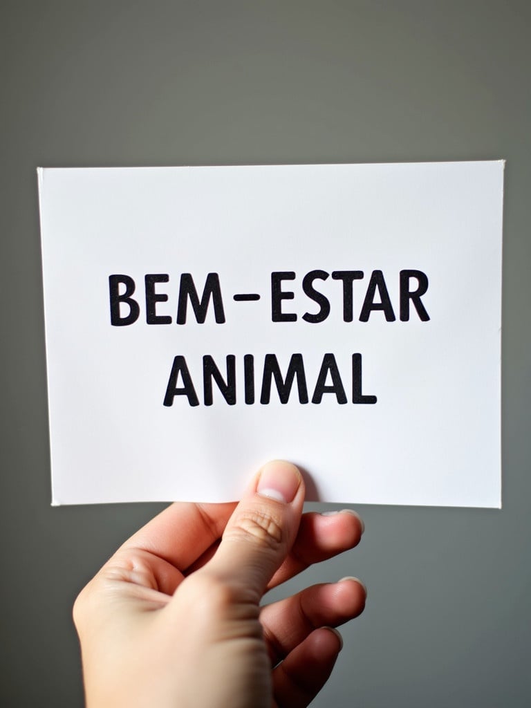 Hand holds a white sign with text that reads Bem-Estar Animal. Text appears slightly jumbled. The photo is taken in bright lighting with a close-up perspective.