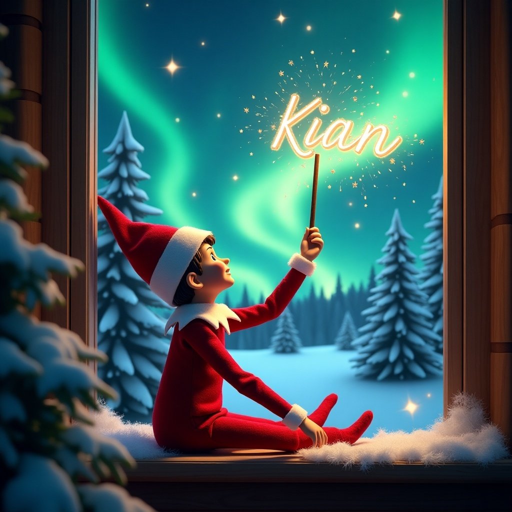 Image features an elf on the shelf sitting on a windowsill. The elf gazes up at the sky using a wand to create magical sparks. Background shows a Christmas scene with northern lights illuminating the night sky. Pine trees covered in snow enhance the holiday atmosphere. The elf wears a bright red outfit with fluffy white trim, embodying Christmas spirit. The elf holds a wand and seems to write a name in the sparkling sky. Kian is written in the sky.