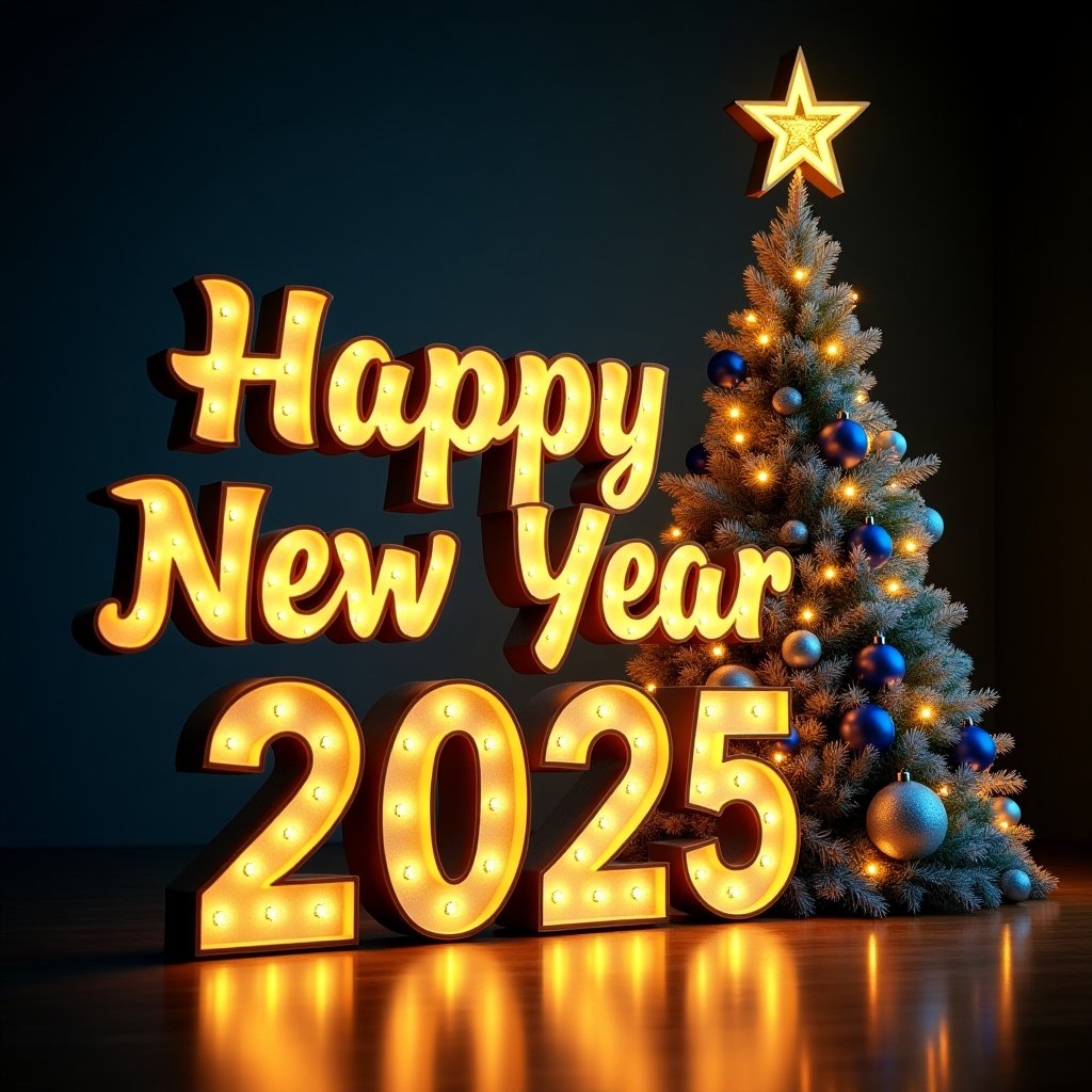 Create festive image with golden text 'Happy New Year 2025' in front of Christmas tree. The tree is decorated with blue and silver ornaments, shining lights, and a golden star. The theme is cheerful and glamorous with glowing effects.