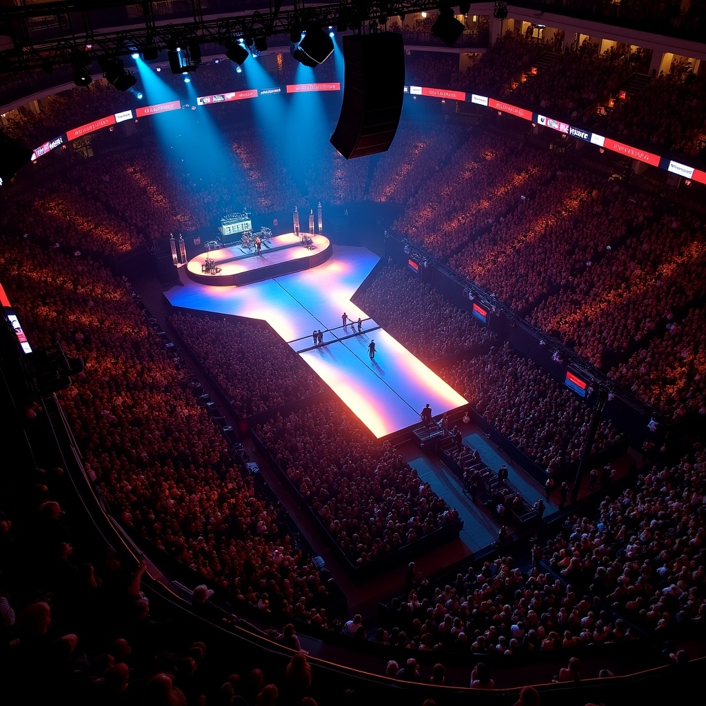 Aerial view of a Roddy Rich concert at Madison Square Garden. The stage features a T-shaped runway. The arena is filled with a large audience. Vibrant stage lights shine down.