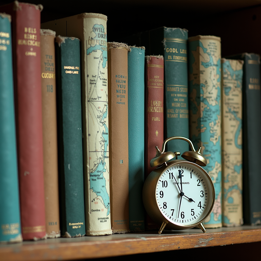 A vintage clock sits on a shelf with an array of old, weathered books.