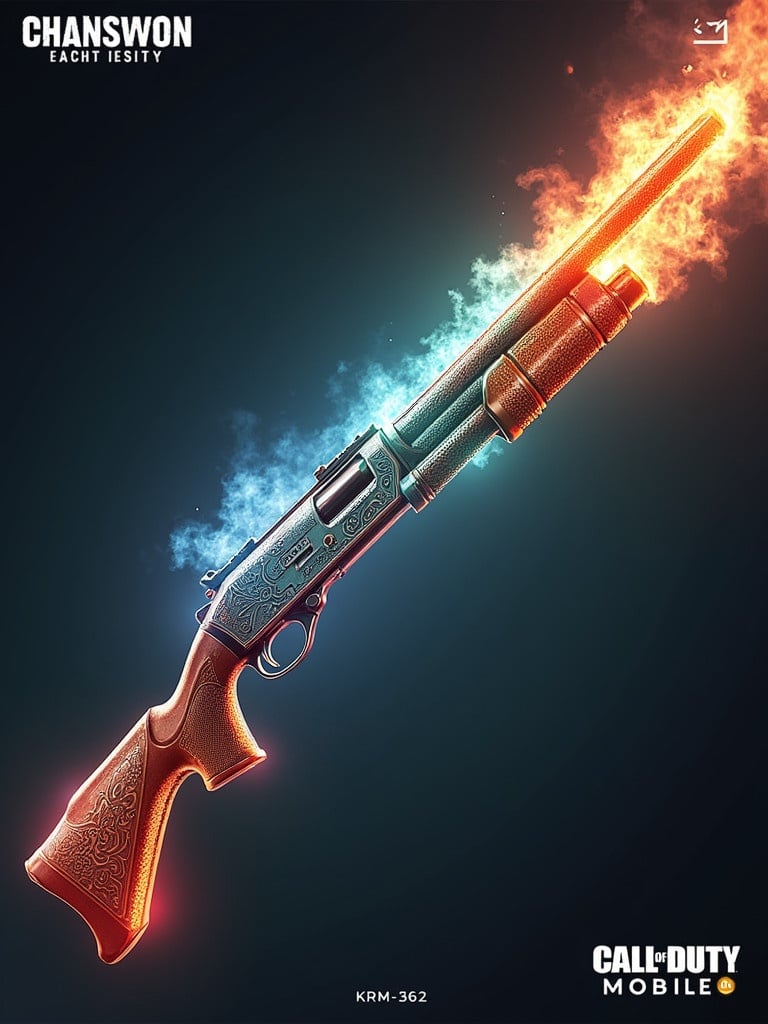 Design KRM-262 shotgun from Call of Duty Mobile as a mythic skin. Theme revolves around fire water earth wind with red blue brown green colors. Weapon has intricate designs with glowing elemental patterns like fiery flames rippling water cracked earth swirling wind effects. Surround shotgun with dynamic cloudy gases emphasizing its powerful mythical presence. Overall look should be ethereal and intimidating showcasing legendary-tier design.