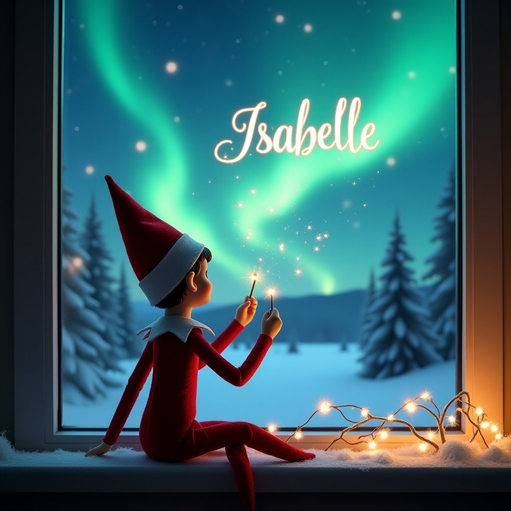 Elf on the shelf sits on a windowsill. Elf holds a wand creating sparkles. Night sky illuminated with Northern Lights. The word 'Isabelle' appears in the sky. Serene winter landscape with snow. Soft glowing lights create a festive mood. Magic and wonder of Christmas evident.