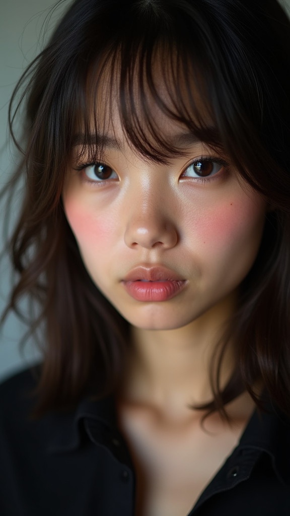 Close-up portrait of a young woman. She has glowing skin. Dark hair styled with bangs. Wearing a dark shirt. Subtle peachy blush on cheeks. Soft even lighting highlights skin sheen. Captures delicate features and slightly serious expression.