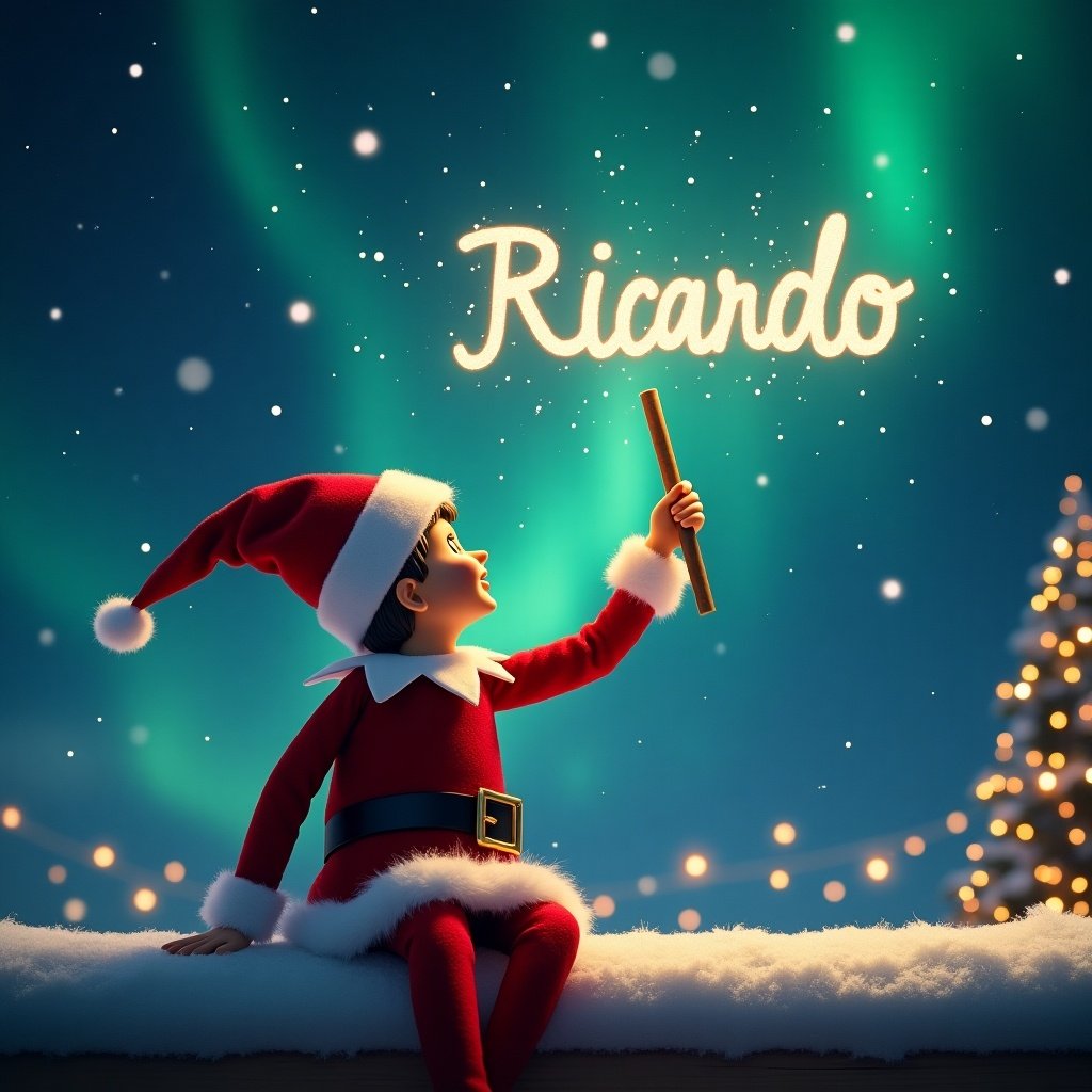 Christmas elf sits on snow with a wand. Elf writes 'Ricardo' in the glowing sky. Background features northern lights and a Christmas tree. Magical holiday scene with a whimsical vibe.