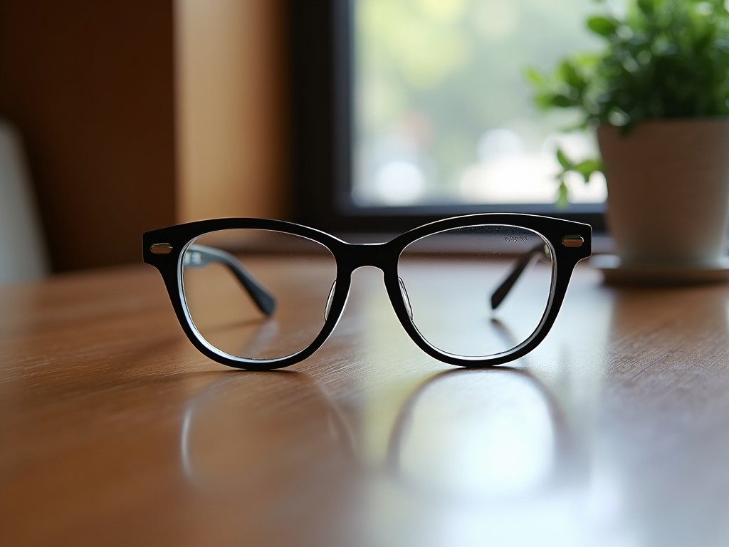 The image showcases a pair of stylish eyeglasses placed neatly on a wooden table. The eyeglasses are black and have a contemporary design, making them suitable for various occasions. In the background, there's a small green plant in a pot, adding a touch of life to the setting. The natural lighting highlights the glasses' features, creating a warm and inviting atmosphere. This composition emphasizes the elegance of eyewear as an essential accessory.