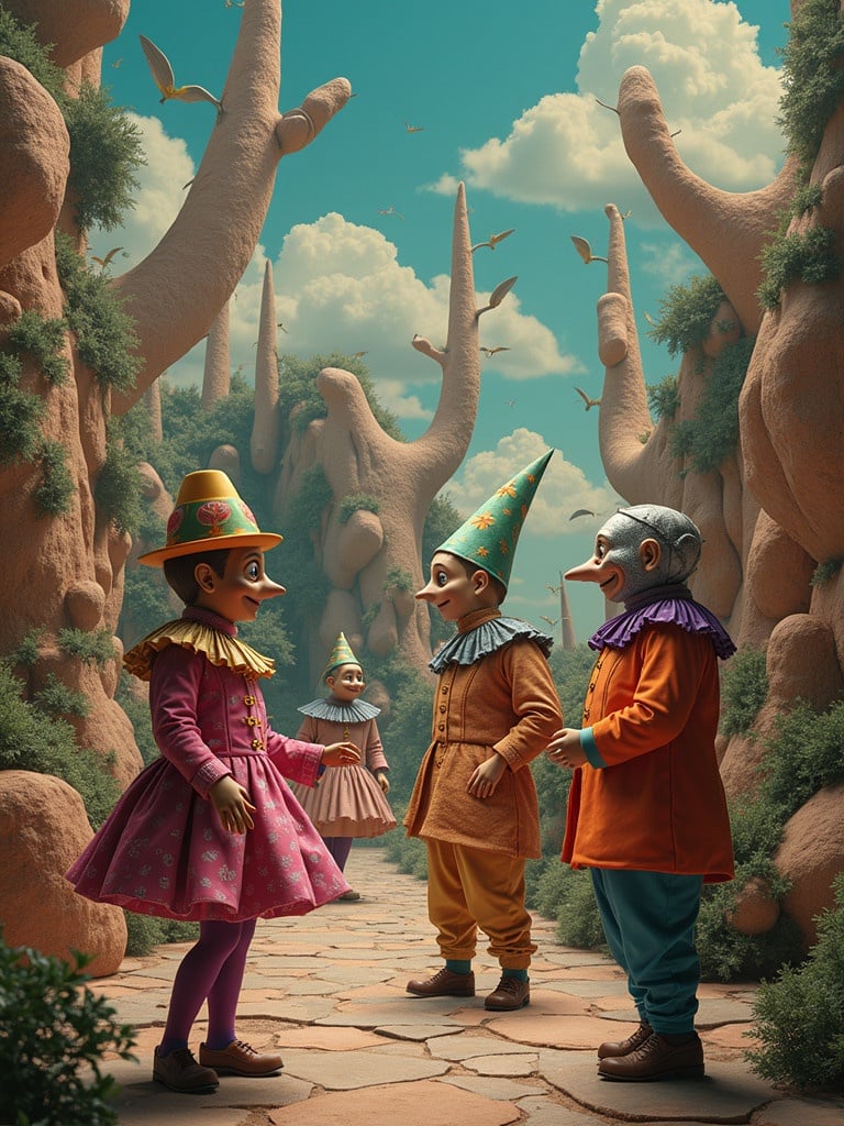 Three whimsical characters in colorful costumes stand on a winding path through a surreal landscape. Their attire features playful patterns and vibrant colors. The backdrop consists of peculiar formations resembling trees and blues skies with soft clouds. The scene emanates a fantastical aura.