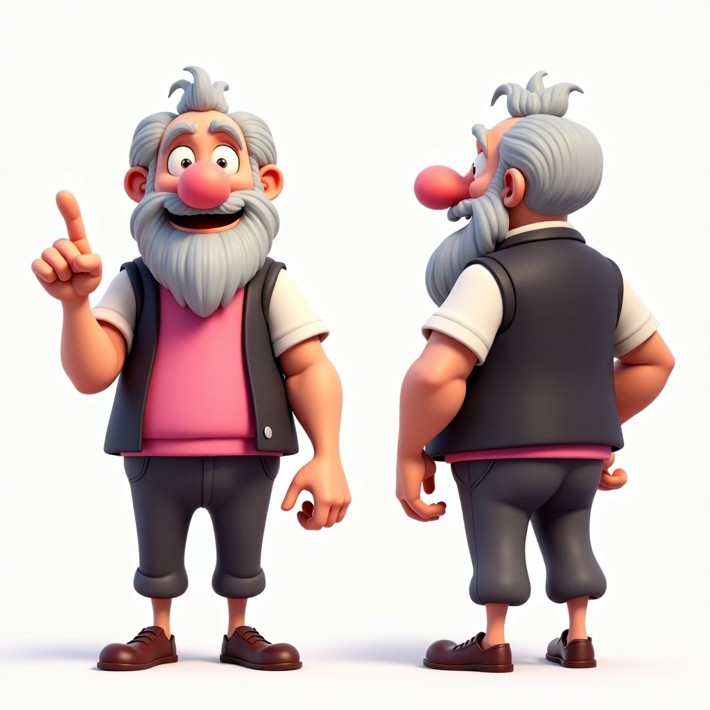 This image features an animated character design of an elderly man who appears young while teaching math. He has grey hair and a beard, and wears a pink vest underneath a dark vest, complemented by matching pants. The character stands with a straight posture, confidently presenting multiple angles, including a front view where he points a finger as if giving advice, and a back view. His design highlights details in clothing and facial features, making him ideal for animation and merchandising ventures. With a large pink nose and a broad smile, the character exudes wisdom and a cheerful personality, making him an engaging figure for storytelling.