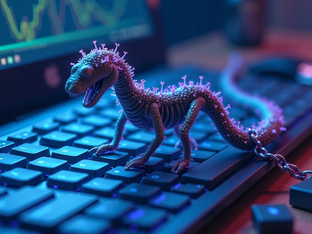 A small dinosaur toy, adorned with glowing, soft spikes, stands animatedly on a computer keyboard under blue lighting.