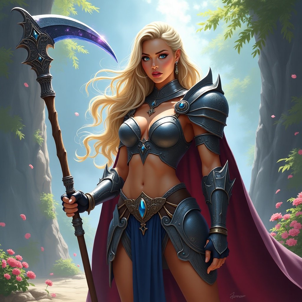 3D Disney-style art of a female warrior with a scythe. She wears ornate armor. The background includes a mystical forest with flowers and light.