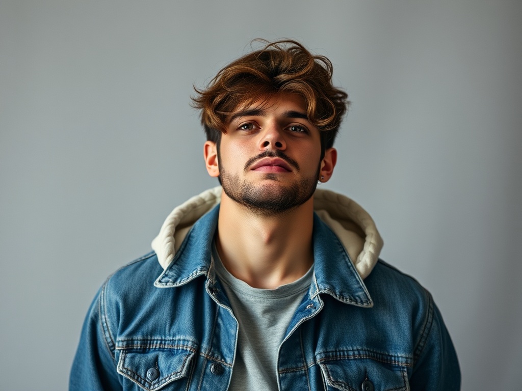 A young man with styled hair and a denim jacket gazes upwards against a neutral background.