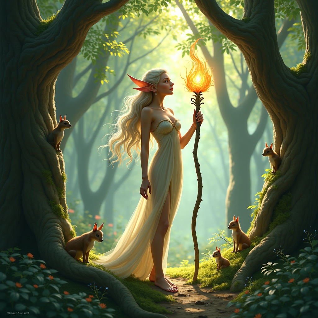 An elf figure in a magical forest holding a glowing torch. The elf has long hair and is surrounded by curious squirrels. Light filters through the trees, creating an enchanting atmosphere.