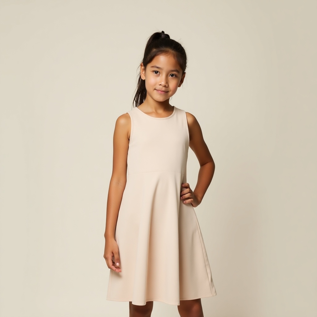 Image features girl standing confidently. Wearing simple light-colored dress. Hair tied back in ponytail. Background is neutral. Emphasizes poise and elegance.