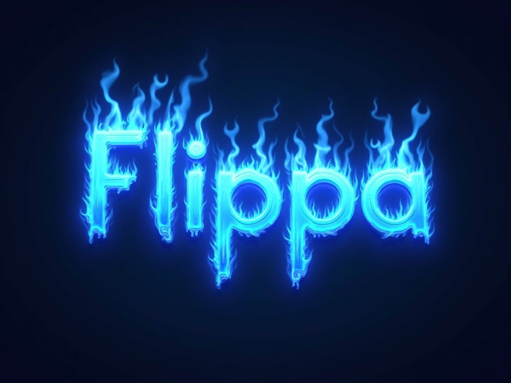 The image showcases the 'Flippa' logo designed with a vibrant blue fire effect. The text appears to glow in electric blue, surrounded by flame-like elements. It stands out against a dark blue background, giving it a striking presence. This modern design is suitable for a tech or e-commerce brand. The flame effect adds a dynamic and energetic feel, making it visually captivating. It's ideal for marketing materials or digital platforms.