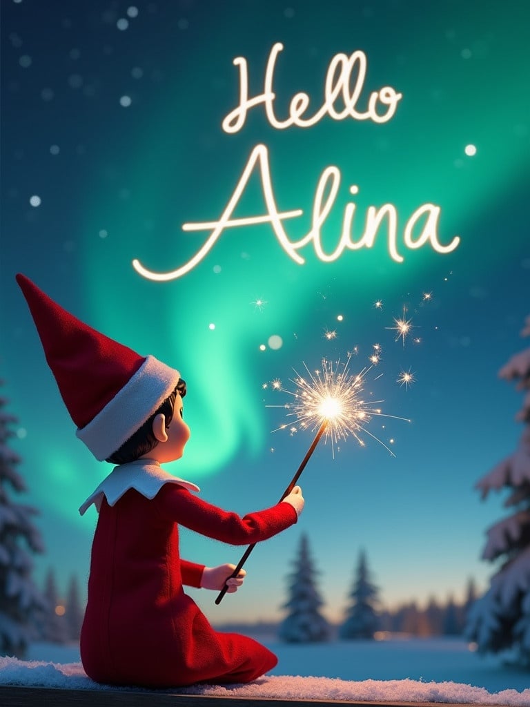 Elf character in red outfit sitting with back to viewer. Elf is facing the sky with a wand. Magical Christmas background includes Northern Lights. Words Hello Alina are written in the sky.