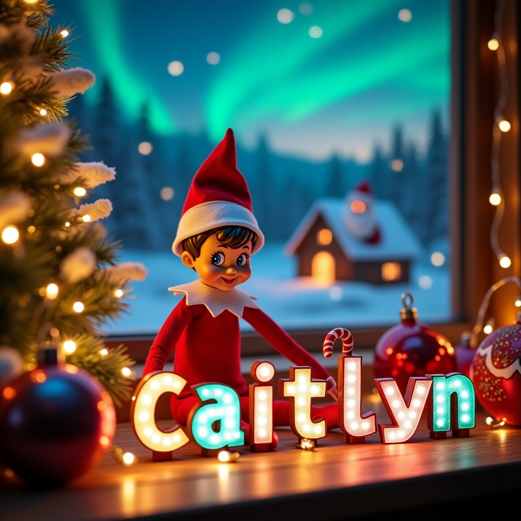 A cheerful elf on the shelf is in a vibrant Christmas scene, wearing a red and white outfit. The elf is joyfully writing the name 'Caitlyn' in colorful letters that are lit up. Surrounding the elf are festive decorations, including a decorated tree and twinkling lights. The background has a warm, inviting atmosphere that evokes holiday cheer. This enchanting scene captures the essence of Christmas magic, making it perfect for family celebrations.