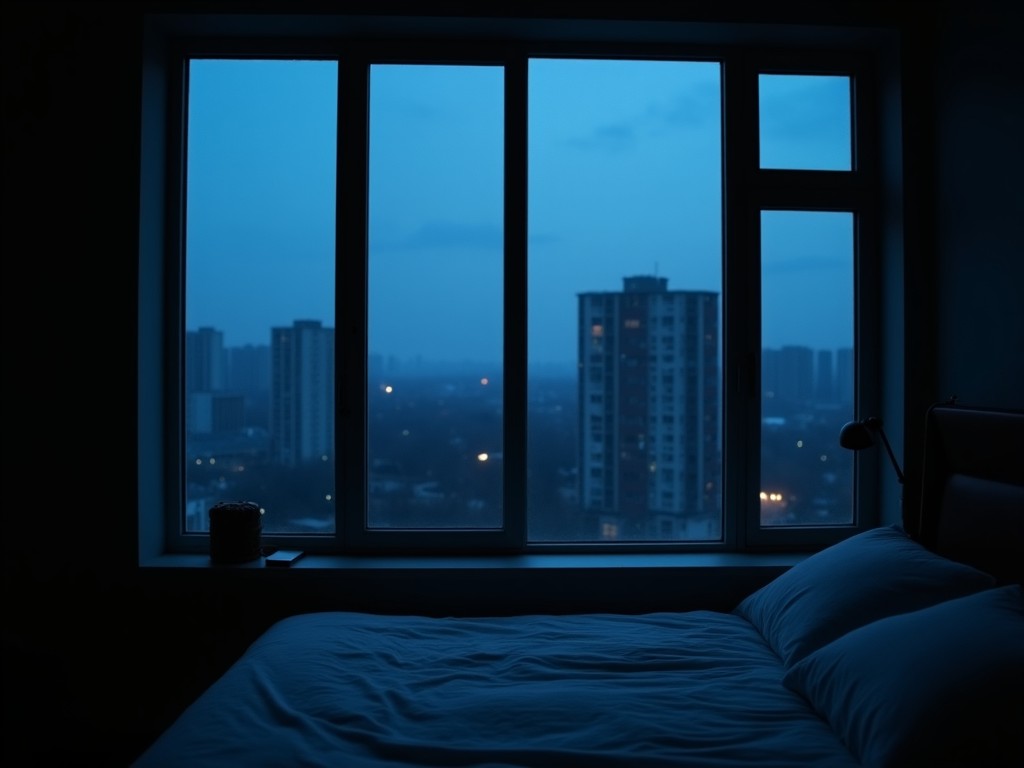 This image captures a tranquil scene from inside a bedroom during the dark blue hour of early morning. The camera is positioned on the side of a bed and focuses on a large window that reveals an urban landscape. Outside the window, various buildings of different heights can be seen, some detailed while others are silhouetted against a deep blue sky. The scene outside is quite empty, reflecting the calmness of the morning. The dark interior of the room contrasts nicely with the serene exterior, creating a sense of peaceful reflection. The low angle perspective adds to the tranquil atmosphere, emphasizing the stillness of the early hour.