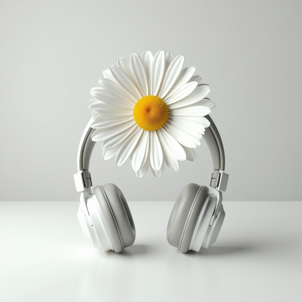 A pair of headphones creatively combined with a daisy flower.