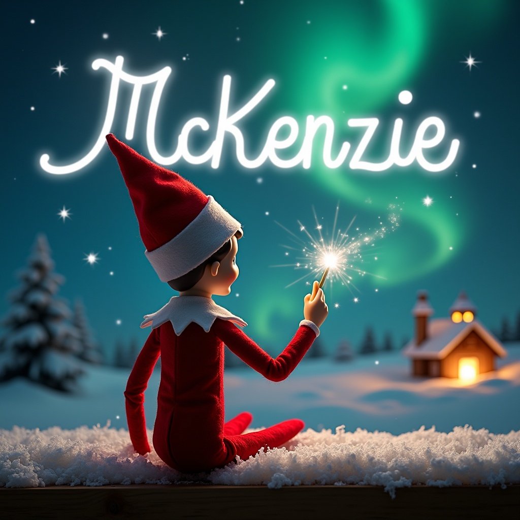 Elf on the shelf character writes name McKenzie in the sky. Magical Christmas scene with Northern Lights. Soft, festive atmosphere. Character wears red outfit and looks enchanted.