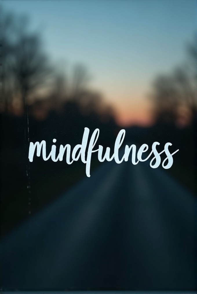 The word 'mindfulness' is prominently displayed against a blurred background of a tranquil dawn or dusk scene.