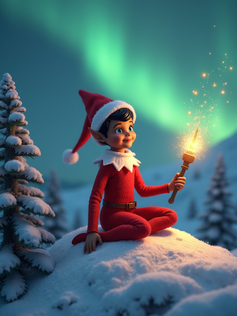 Elf character in vibrant red outfit sits on snow-covered mountain. Holds a wand that sparkles with magic. Looks at the northern lights with a festive smile. Surrounded by snowy pine trees. Conveys holiday cheer and gratitude.